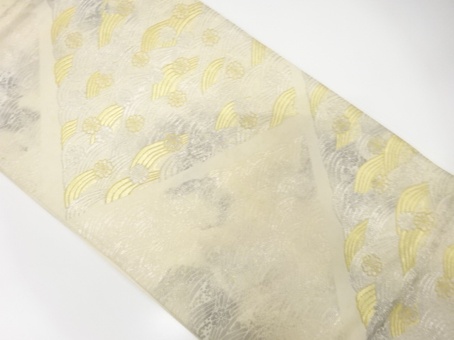 JAPANESE KIMONO / ANTIQUE FUKURO OBI / SILK / WOVEN SAKURA & RAGING WAVES